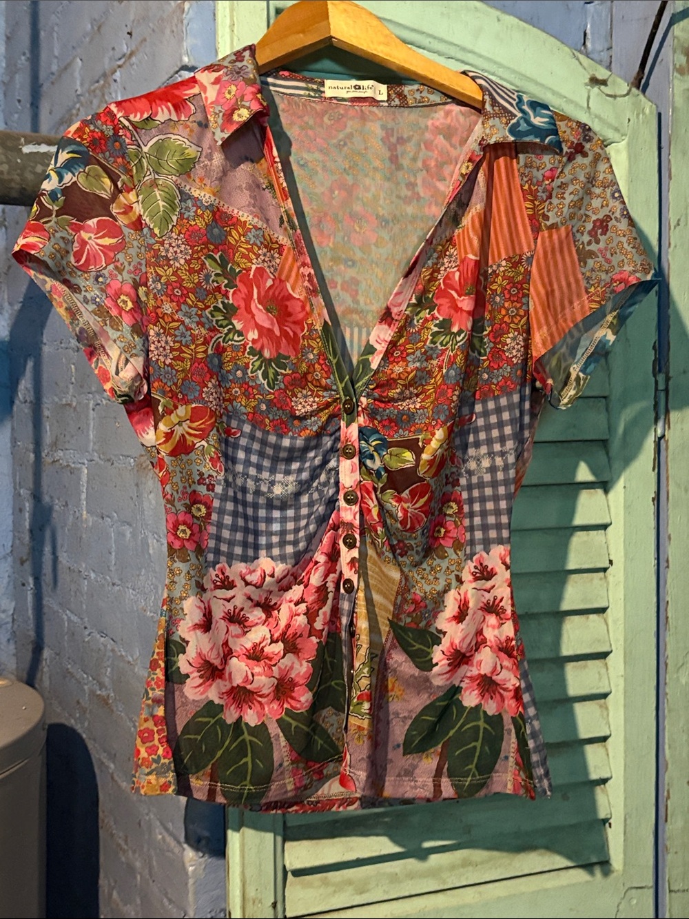 Natural Life Floral Patchwork V-Neck Button Front Women’s Top - Multicolor